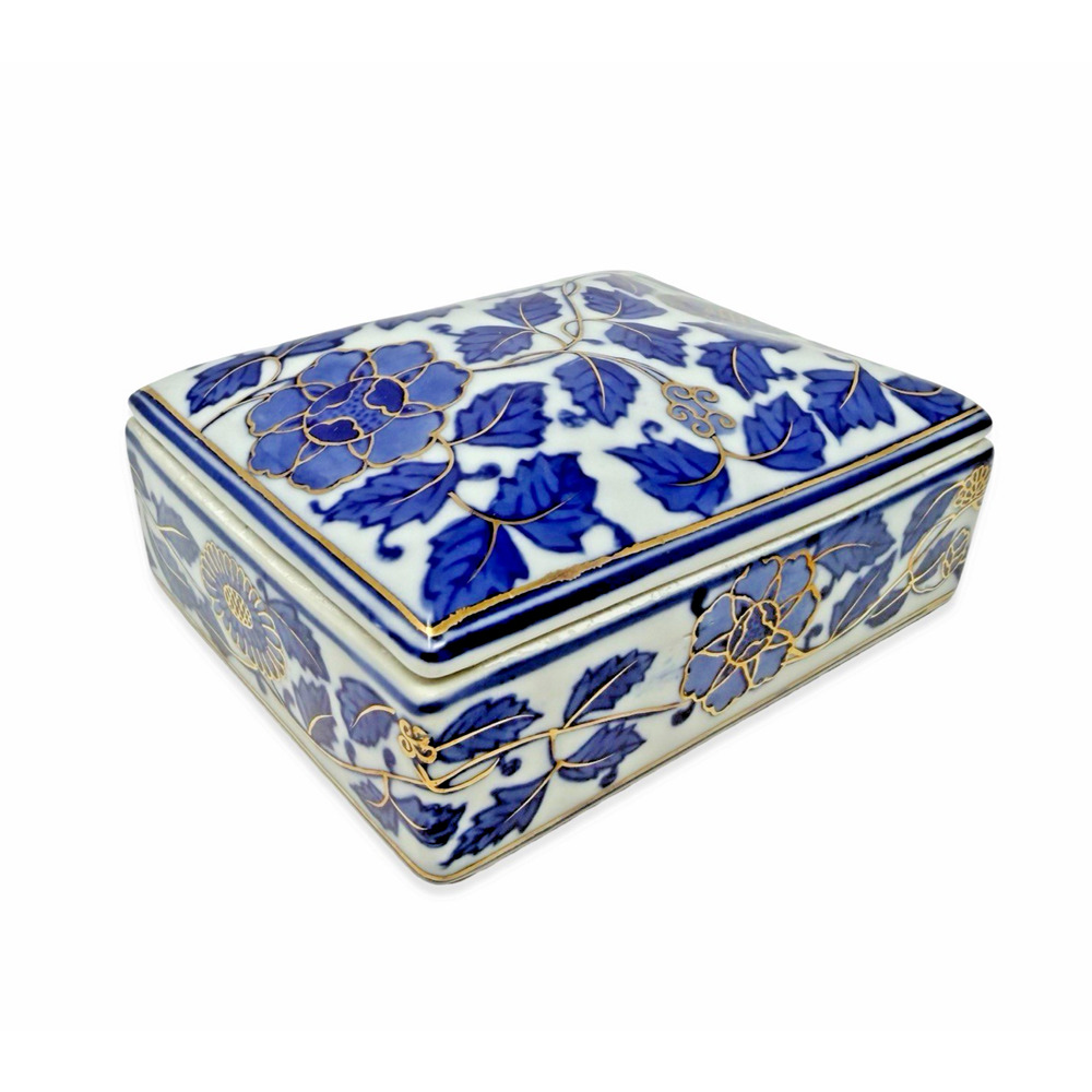 Vintage Blue White Floral Porcelain Trinket Box Gold Detail Lidded Jewelry Box - Picture 6 of 16